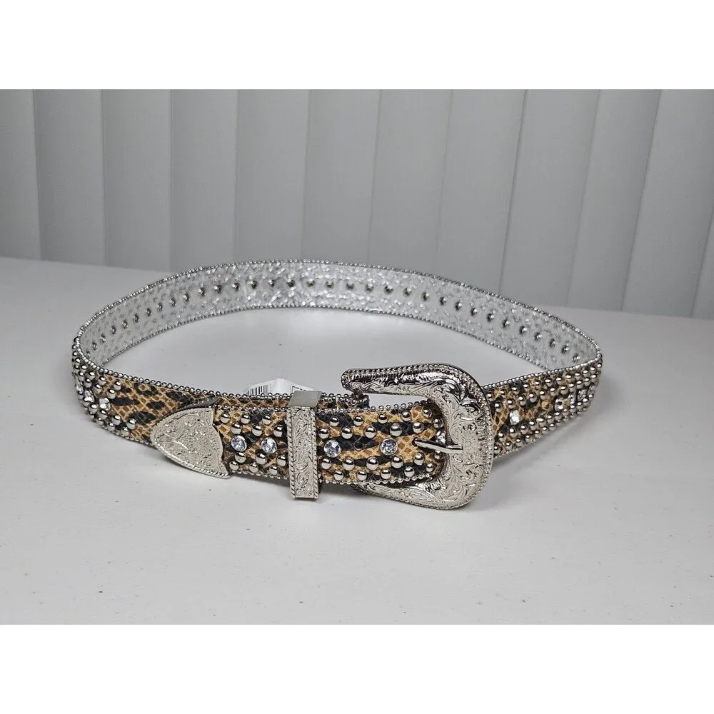 GUESS Y2K Leopard Print Rhinestone Belt Studded Western Bling Size M Festival